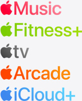 Ícones dos apps Apple Music, Apple Fitness+, Apple TV, Apple Arcade e iCloud+