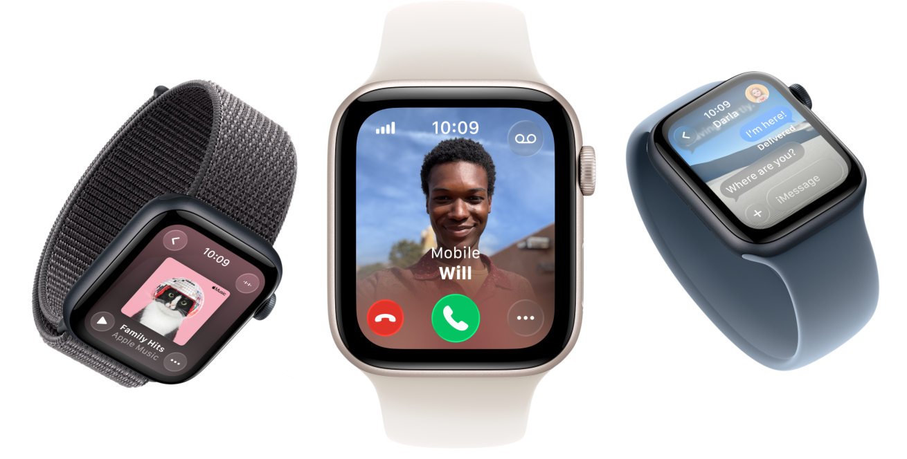 Apple Watch SE 3 devices, aluminum cases, starlight and midnight colours, Sport Loop, dark gray colour, Solo Loop, light blush colour, Solo Loop, anchor blue colour, screens: Apple Music, incoming call, Messages