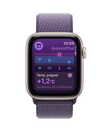 Apple Watch SE 3, boîtier en aluminium, comète, données liées à la température du poignet, côté droit extérieur, Digital Crown, bracelet sport à rabat, brume violette