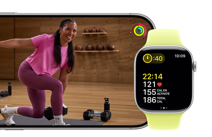 Apple Watch Series 11 suivant un entraînement pendant qu’iPhone joue une vidéo Fitness+