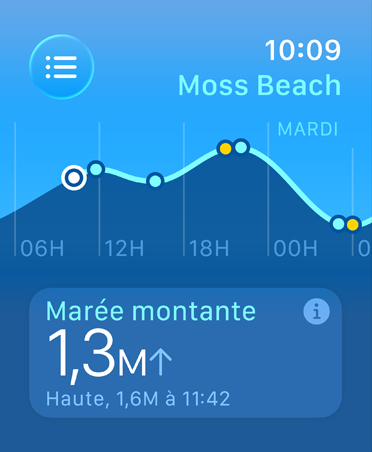 App Marées, données : marées hautes et basses, marées montantes et descendantes, graphique linéaire des heures et hauteurs estimées de la marée