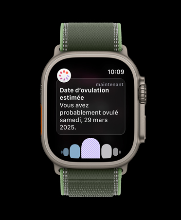 Apple Watch Ultra 3, boîtier en titane naturel, notification de l’estimation de la date d’ovulation par Suivi du cycle dans l’app Santé, bracelet, Sentier, bleu/bleu vif
