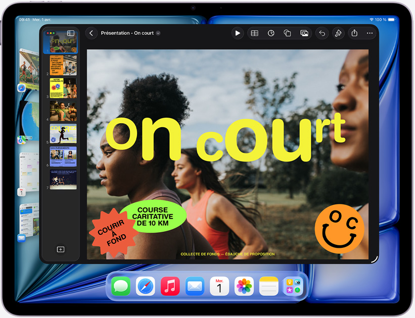 iPad Air, orientation paysage, écran affichant une présentation Keynote
