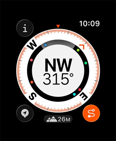 Funkce Návrat, ukazatele: kompas, nadmořská výška, vyznačené body cesty