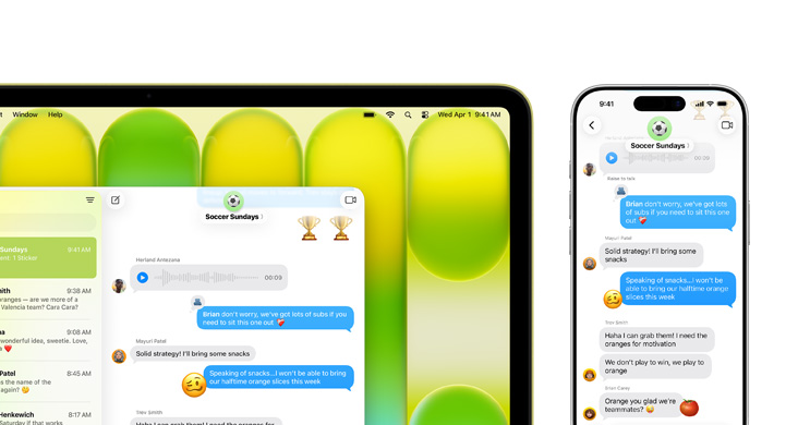 MacBook Neo se zrcadlením iPhonu, na obrazovce je textové vlákno.