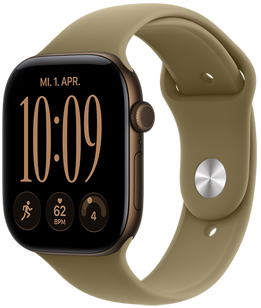 Apple Watch Series 12, aluminum case, dark bronze color, right side exterior, Digital Crown dial, microphone, side button, connected to Sport Band, olive color (earthy green), pin-and-tuck closure (silver pin)
