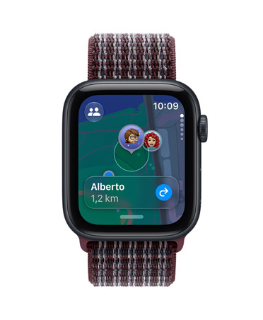 Apple Watch SE 3, aluminum case, midnight color, screen shows Find My app (memojis on a map background), right side exterior, Digital Crown dial, Sport Loop band, burgundy plaid color