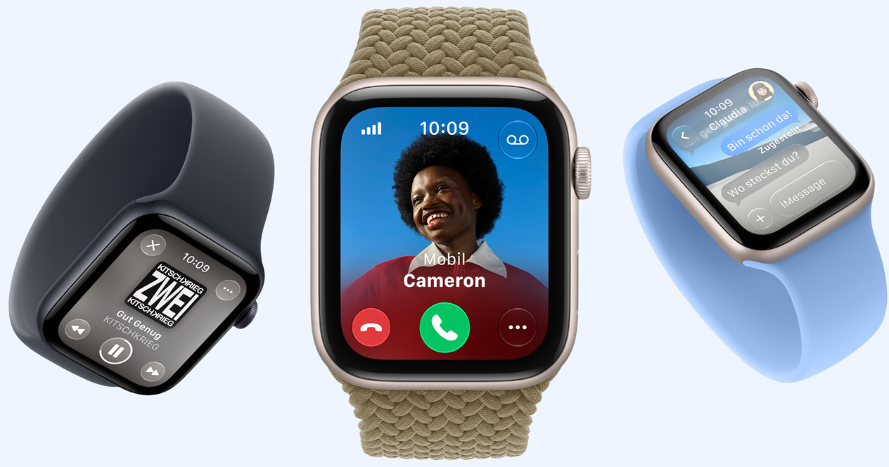 Apple Watch SE 3 devices, screens show Apple Music, incoming call, Messages, aluminum cases, starlight and midnight colors, bands: Solo Loop, navy blue, wildflower blue colors, Braided Solo Loop, olive color (earthy green)