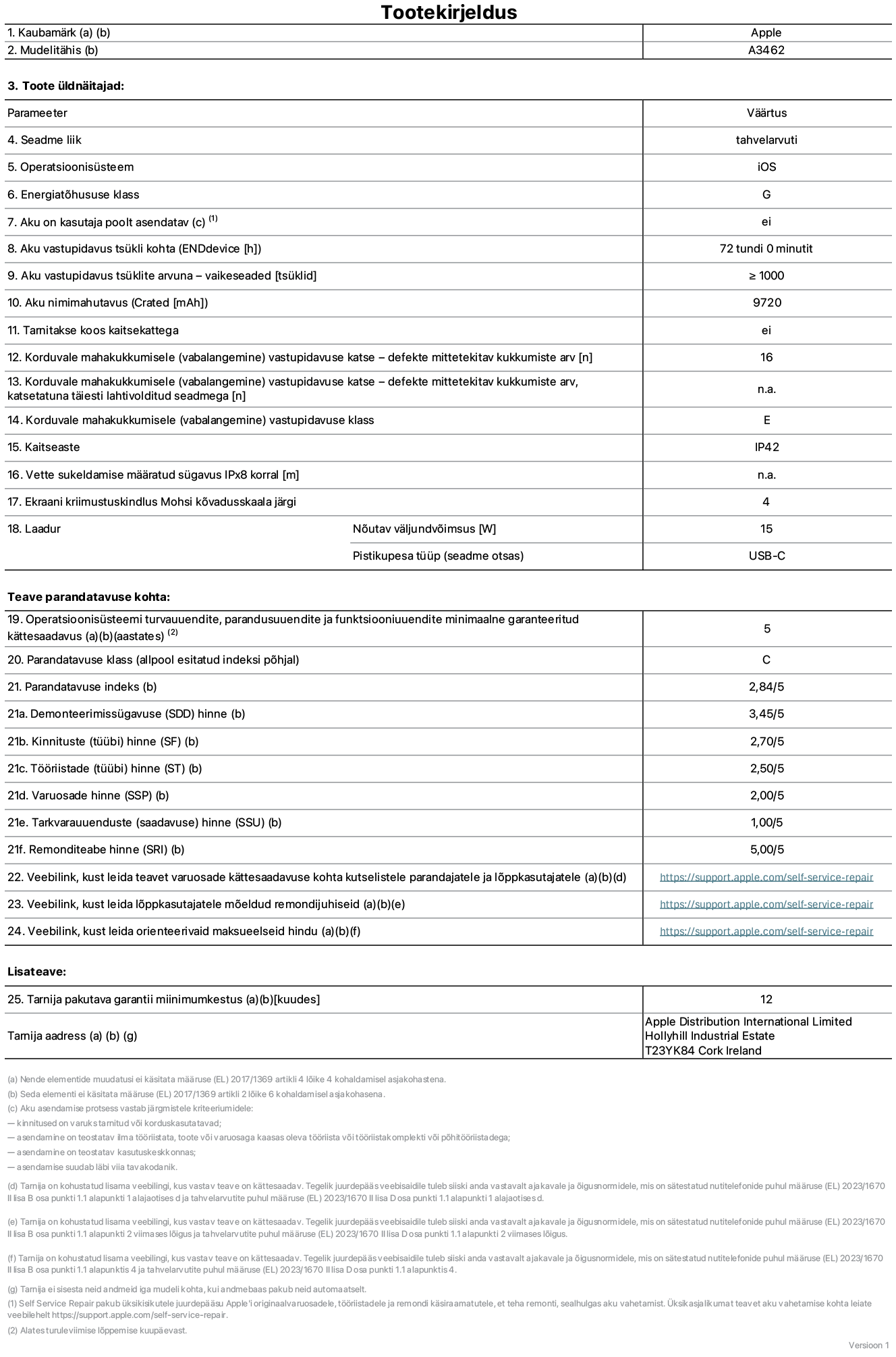 13-tollise iPad Air WiFi + Cellular, mudeli A3462 toote infoleht. Tarnija on Apple Distribution International Limited, Hollyhill Industrial Estate. Cork, Iirimaa T23 YK84. Seadme tüüp: tahvelarvuti. Operatsioonisüsteem: iOS. Energiatõhususklass: G. Aku vahetatav kasutajale: ei. Aku vastupidavus tsükli kohta: 72 tundi. Aku kestvustsüklid – vaikesätted: suurem kui või võrdne 1000-ga. Akumaht: 9720 mAh. Tarnitakse kaitsekattega: ei. Korduv vabalangemise usaldusväärsustest – kukub ilma defektita: suurem kui või võrdne 51-ga. Korduv vabalangemise usaldusväärsustest – kukub ilma defektita täielikult väljaulatatuna: pole kohaldatav. Korduv vabalangemise usaldusväärsusklass: E. Tolmu- ja veekindluse kaitse hinnang: IP42. Määratud iPx8 sukeldumissügavus vees: pole kohaldatav. Ekraani kriimustuskindlus Mohsi kõvaduse skaalal: 4. Laadija nõutav väljundvõimsus: 15 W. Laadija tüüp (seadmel): USB-C. Opsüsteemi turva-, korrektiiv- ja funktsionaalsusvärskenduste minimaalne tagatud saadavus: 5 aastat. Parandatavusklass: C. Parandatavusindeks: 2,84/5. Lahtivõtmise sügavuse (SDD) hinne: 3,45/5. Kinnitusdetailide hinne: 2,70/5. Tööriistade hinne: 2,50/5. Varuosade hinne: 2,00/5. Tarkvaravärskenduste hinne: 1,00/5. Parandusteabe hinne: 5,00/5. Teave varuosade kättesaadavuse kohta professionaalsetele parandajatele ja lõppkasutajatele: https://support.apple.com/self-service-repair. Parandusjuhised lõppkasutajatele: https://support.apple.com/self-service-repair. Soovituslikud maksueelsed hinnad: https://support.apple.com/self-service-repair. 12-kuune üldgarantii.