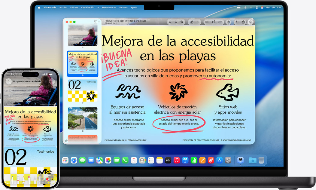 Un iPhone y un MacBook uno al lado del otro con un efecto de duplicación en el MacBook. Widgets de Calendario y Notas cerca de la parte superior, apps cerca de la parte inferior.