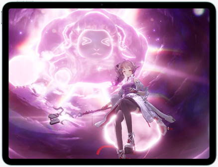 iPad Air, Vorderseite, das Display zeigt eine Spielszene aus dem Actionspiel Control