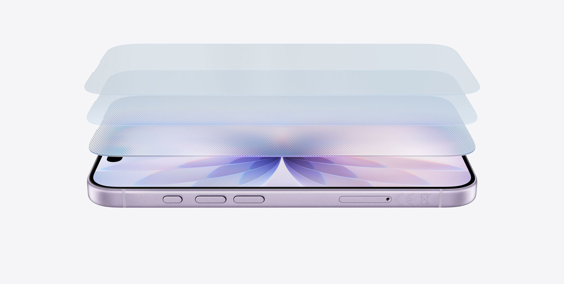 iPhone 17 i lavendel vises liggende på siden med en lagvis design som demonstrerer Ceramic Shield 2.