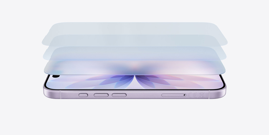 Seitenansicht eines liegenden iPhone 17 in Lavendel mit einem mehrschichtigen Design, das den Ceramic Shield 2 zeigt