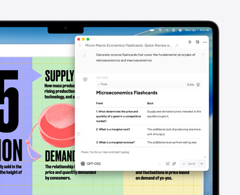 MacBook Air visar skrivverktyg med Apple Intelligence som skapar instuderingsfrågor om mikro- och makroekonomi