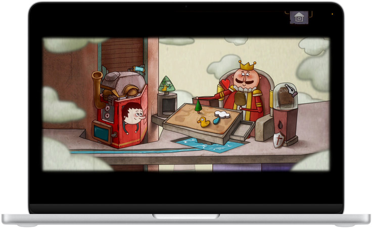 MacBook Neo, couleur argent, écran affichant une scène du jeu One Way: The Elevator