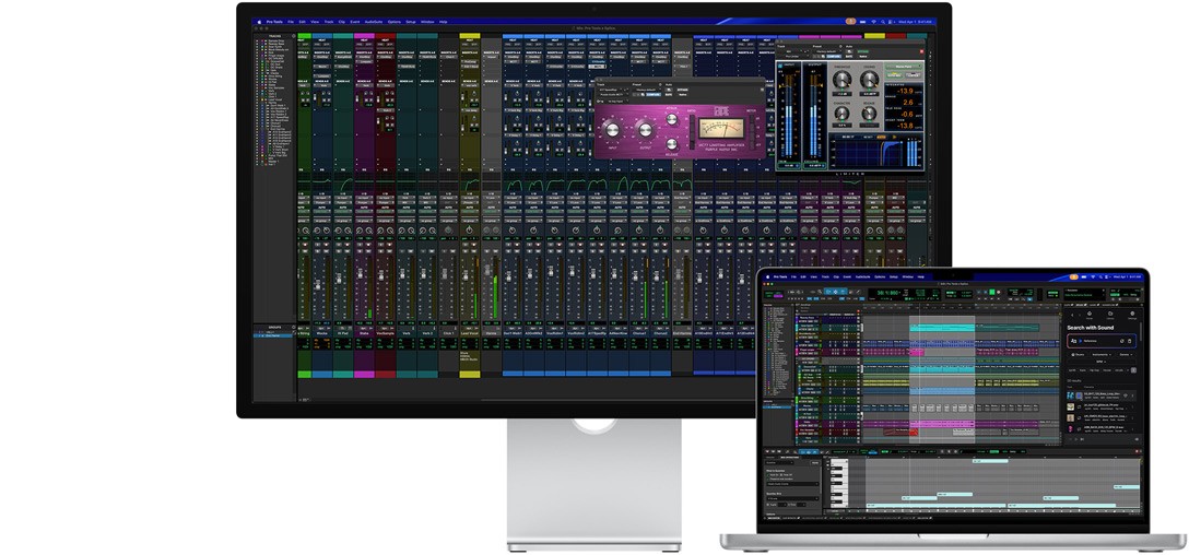 Un Studio Display et un ordinateur portable Mac affichant une session dans Pro Tools avec l’intégration de Splice. Le verre nano-texturé contribue à diminuer la réflectance sur l’écran sombre du programme