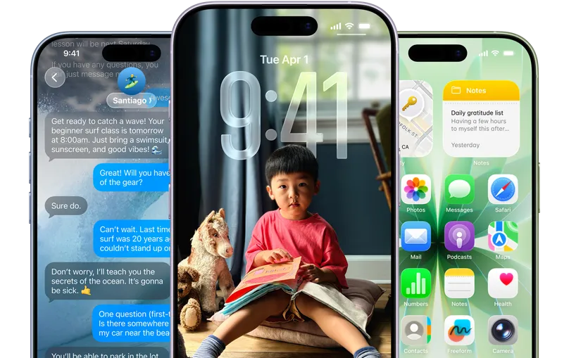 iPhone 17 devices, front exterior, colors: mist blue, lavender, sage, iOS features - Background with messages, Liquid Glass showing the Lock Screen and Home Screen with various apps displayed