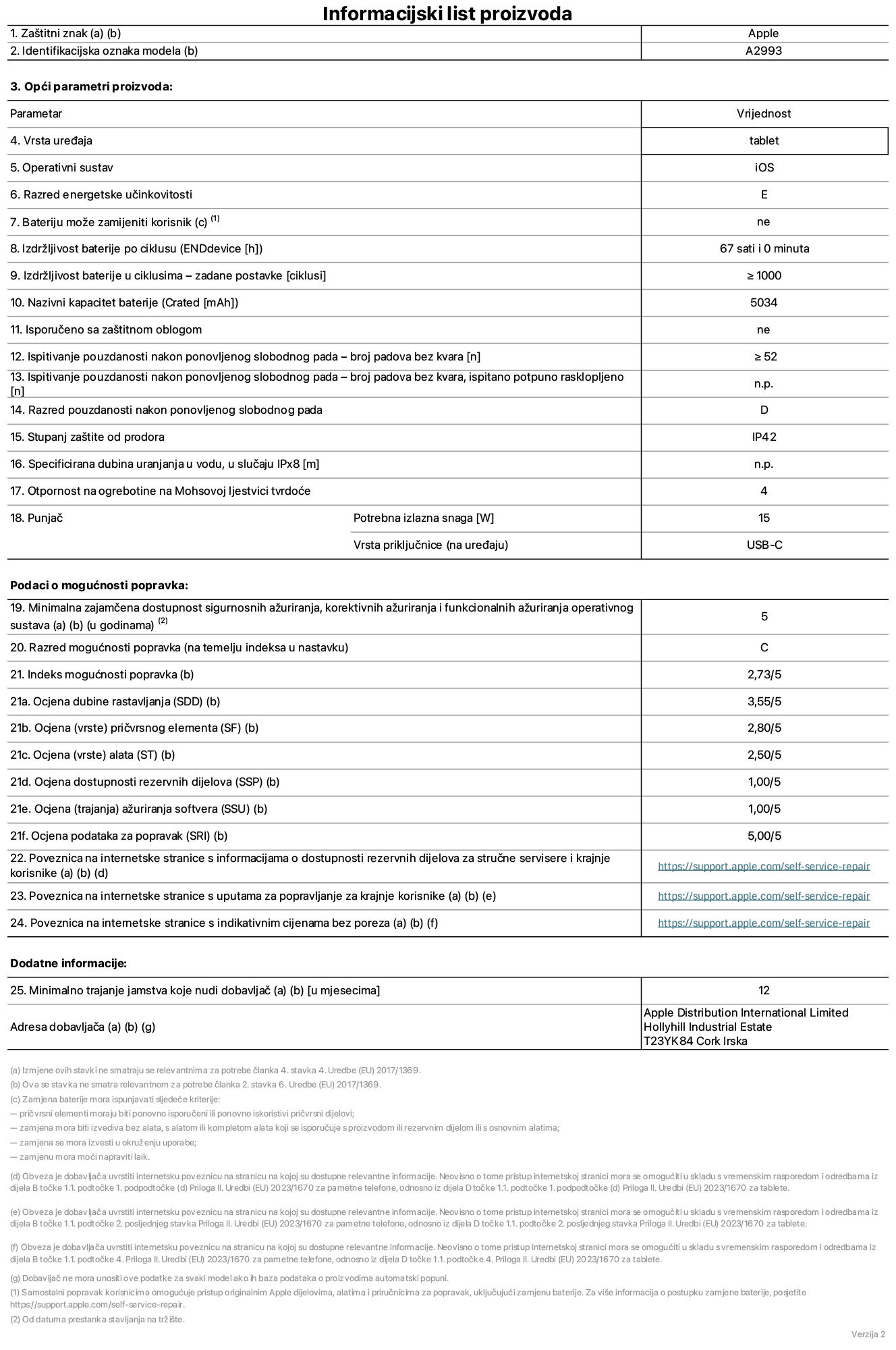 List s informacijama o proizvodu za iPad mini Wi-Fi, model A2993. Isporučuje Apple Distribution International Ltd, Hollyhill Industrial Estate. Cork, Irska T23 YK84. Vrsta uređaja: tablet. Operacijski sustav: iOS. Klasa energetske učinkovitosti: E. Baterija koju može zamijeniti korisnik: ne. Trajanje baterije: 67 sati. Trajanje baterije u ciklusima: veće ili jednako 1000. Nazivni kapacitet baterije: 5034 mAh. Test pouzdanosti ponavljanim slobodnim padovima – padovi bez kvarova: veće ili jednako 52. Klasa pouzdanosti pri ponavljanim slobodnim padovima: D. Ocjena zaštite od prodiranja: IP42. Otpornost na grebanje zaslona na Mohsovoj ljestvici tvrdoće: 4. Potrebna izlazna snaga punjača: 15 W. Tip utičnice punjača: USB-C. Minimalna zajamčena dostupnost sigurnosnih ažuriranja operacijskog sustava, korektivnih ažuriranja i ažuriranja funkcionalnosti: 5 godina. Klasa popravljivosti: C. Indeks popravljivosti: 2,73/5. Ocjena dubine rastavljanja: 3,55/5. Ocjena pričvrsnih elemenata: 2,80/5. Ocjena alata: 2,50/5. Ocjena rezervnih dijelova: 1,00/5. Ocjena ažuriranja softvera: 1,00/5. Ocjena informacija o popravcima: 5,00/5. Internetska poveznica prema informacijama o dostupnosti rezervnih dijelova za profesionalne servisere i krajnje korisnike: https://support.apple.com/self-service-repair. Internetska poveznica prema uputama za popravljanje za krajnje korisnike: https://support.apple.com/self-service-repair. Internetska poveznica prema indikativnim cijenama prije poreza: https://support.apple.com/self-service-repair. Ponuđeno je 12-mjesečno općenito jamstvo.