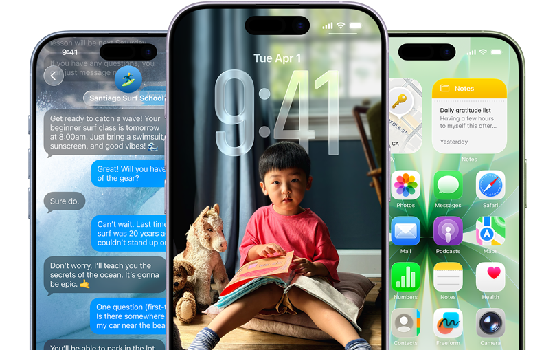 Uređaji iPhone 17 s prednje strane, u bojama magličasto plava, lavanda i kadulja, prikazuju značajke iOS-a: Pozadina s porukama, Liquid Glass na Zaključanom zaslonu i Početni zaslon s prikazom raznih aplikacija