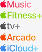 Ikon aplikasi Apple Music, Apple Fitness+, Apple TV+, Apple Arcade, dan iCloud+