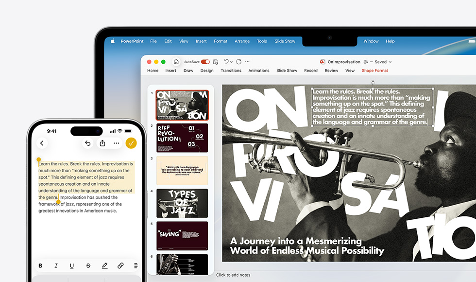 iPhone 16 Plus dengan teks yang disorot di aplikasi Catatan, MacBook Air dengan slide PowerPoint terbuka, teks dari aplikasi Catatan terlihat di slide