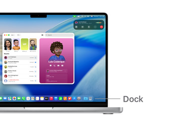 A tour of macOS navigation on MacBook Pro 14-inch with lines indicating the location of the Dock.