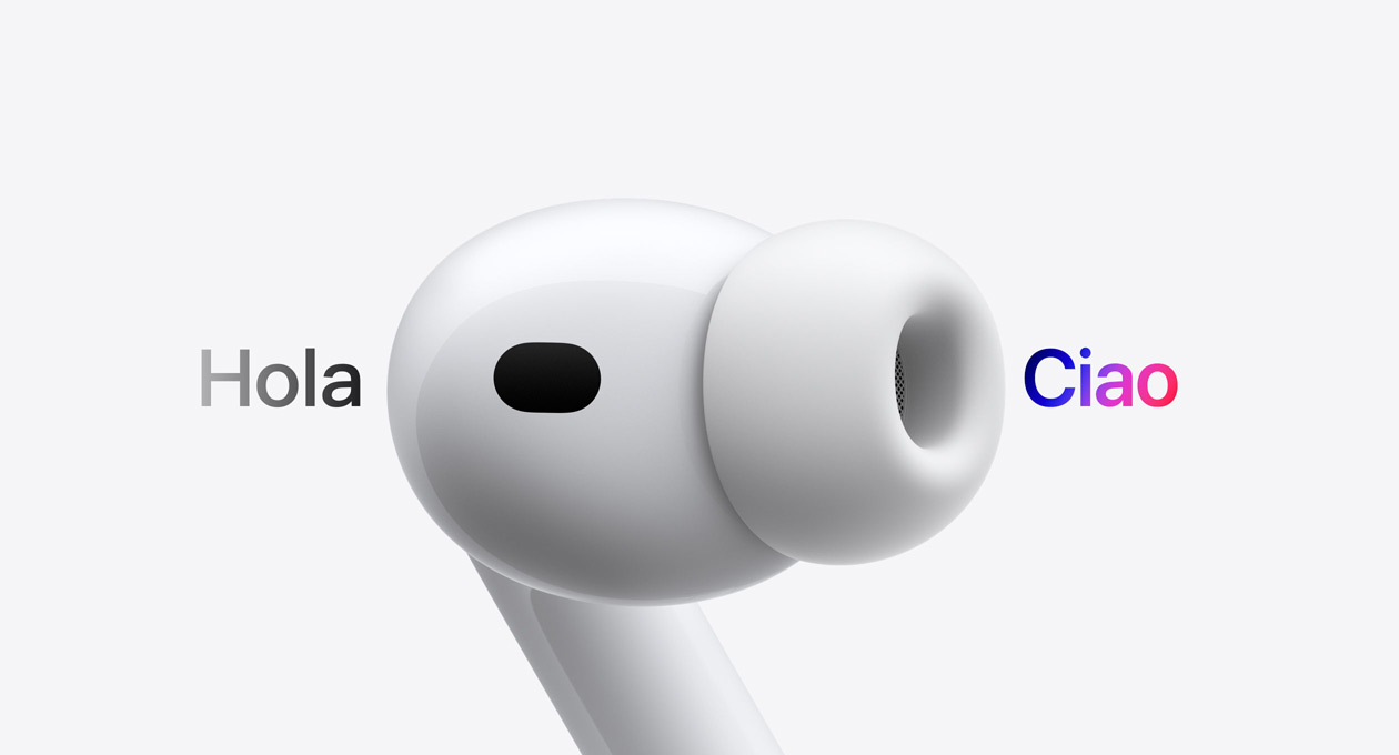 AirPods Pro 3, auricolare con cuscinetto in silicone, la funzione Traduzione in tempo reale sostituisce la parola in spagnolo “hola” con la parola italiana ”ciao”