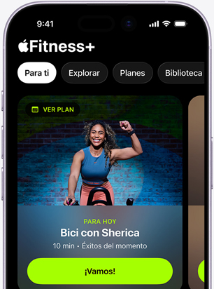 Pantalla de un iPhone con una recomendación de entrenamiento de Bici en la pestaña Para Ti de la app Fitness+