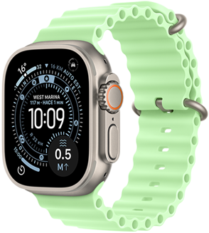 Apple Watch Ultra 3, color natural, caja de titanio, carátula Orientación, complicaciones: clima, ubicación del auto estacionado, satélite y distancia a la superficie, parte lateral derecha, Digital Crown, micrófono, botón lateral, correa Ocean, color verde neón