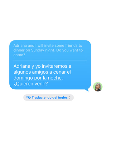 Funcionalidad Traducción en Vivo en Mensajes con una traducción del inglés al español