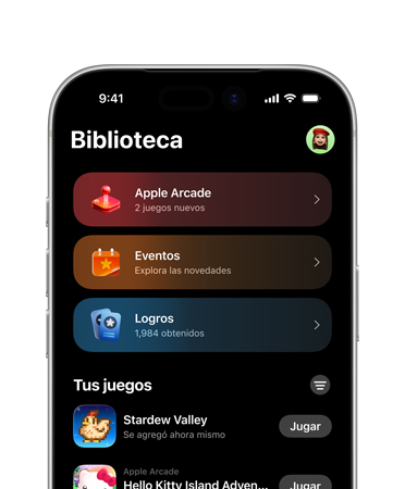 iPhone, mitad superior de la pantalla mostrando el diseño de la app Juegos, incluida la pestaña Biblioteca, con Apple Arcade, Eventos, Logros y la sección Todos los Juegos