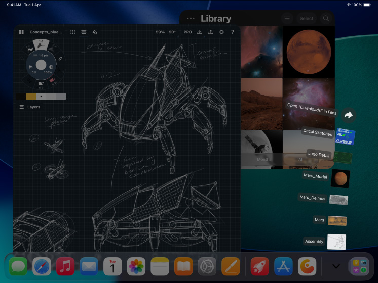 3 iPad Pro devices, front exterior, landscape orientation, space black, Apple Pencil Pro atop iPad Pro, 3 displays showing photo editing apps with open projects of a model on a red background, sketches of mechanical designs with color adjustment tools, photo library, downloads folder files fanned out, 3D modeling software with geometric shapes and handwritten annotations and formulas