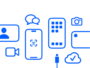 Apple devices and features, iCloud, iPhone with Face ID and charging cable, Camera, Messages.