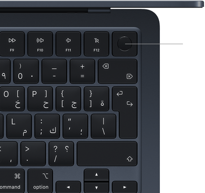 صورة للجانب الأيمن العلوي من لوحة مفاتيح MacBook&nbsp;Air، توضح موضع زر بصمة الإصبع