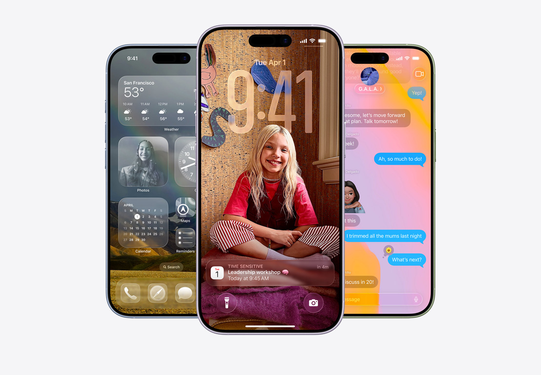Ecran iPhone afișând o fereastră pop-up cu funcția Filtrare apel, ecran iPhone afișând o fereastră pop-up din Calendar pe un fundal personalizat cu poza unui copil, ecran iPhone afișând aplicația Mesaje cu design Liquid Glass