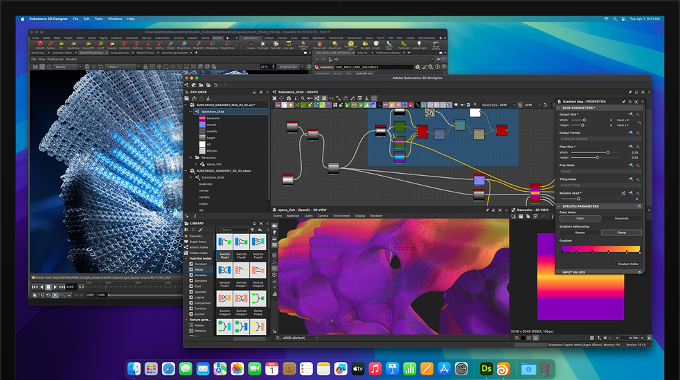 Ecran al aplicațiilor Adobe Substance 3D Designer, Houdini și Redshift utilizate pentru a edita pe un Mac Studio cu M4 Max