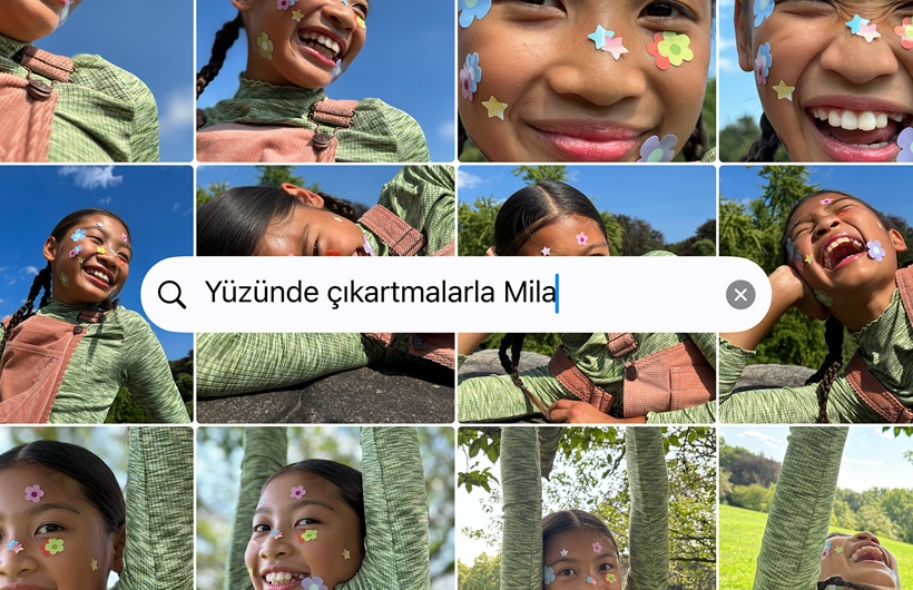 Yüzünde çıkartmalar olan Katie arama istemiyle oluşturulan bir fotoğraf ızgarası