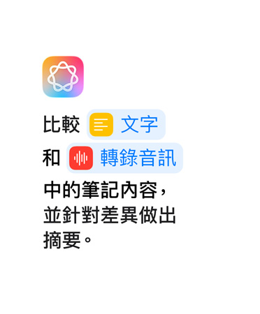文字顯示比較文字和轉錄音訊中的筆記內容，並針對差異做出摘要。其中「文字」和「轉錄音訊」以藍色突出顯示，就如同捷徑 app 中的呈現方式