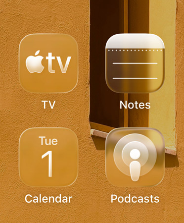 Grid of four translucent app icons, the Apple TV app, Notes, Calendar and Podcasts, refract the background