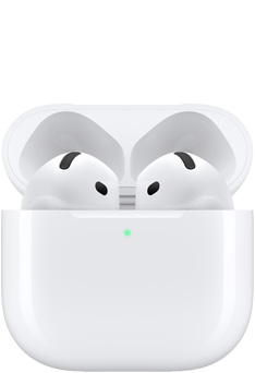 AirPods 4 στο εσωτερικό της θήκης φόρτισης με το καπάκι ανοιχτό.