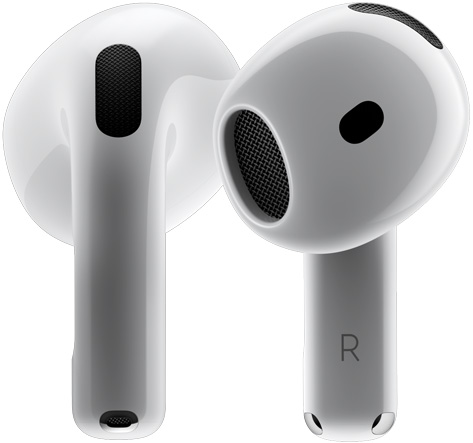 Δύο AirPods 4 που στροβιλίζονται και σταματούν υπό διαφορετικές γωνίες.