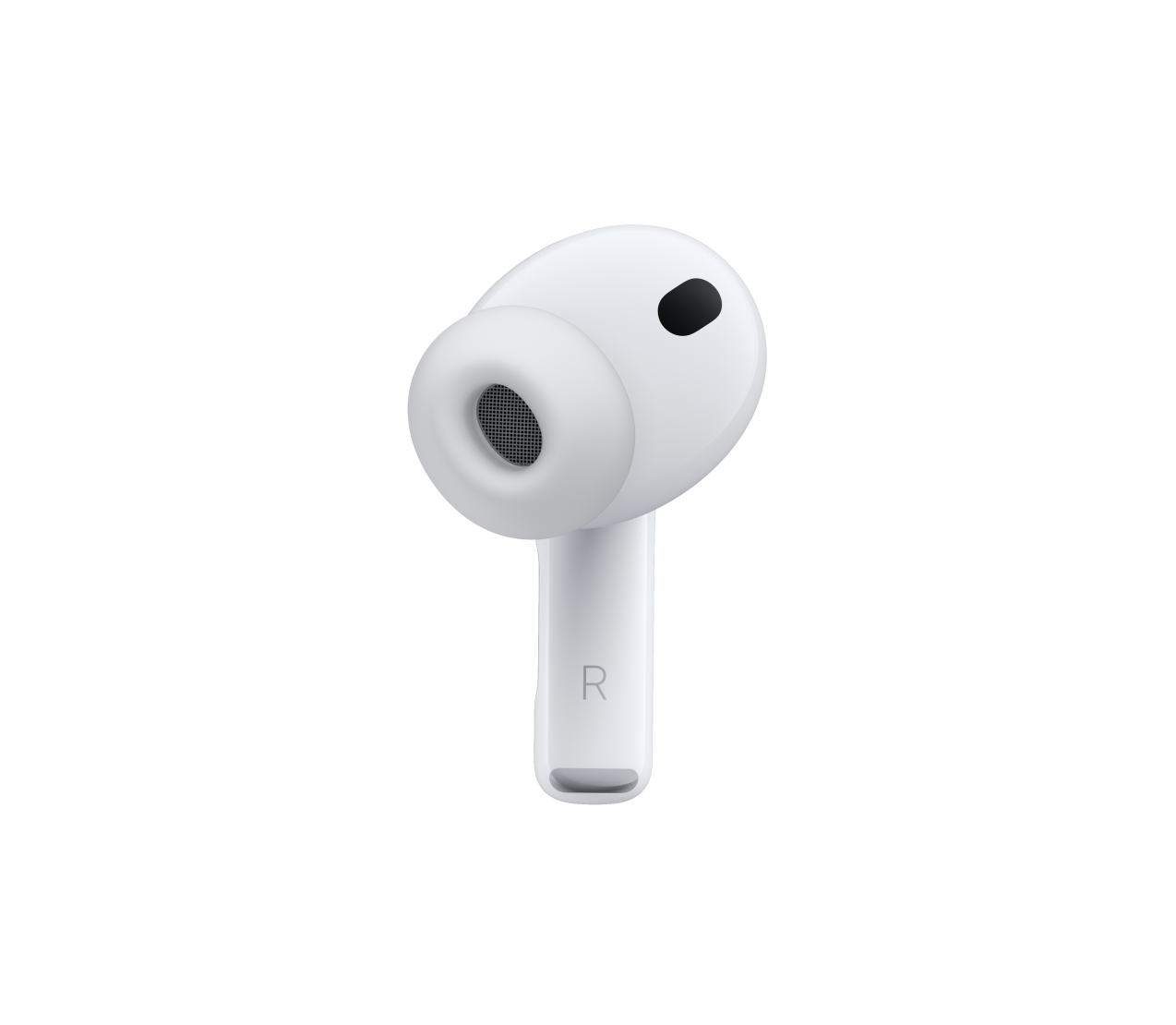 AirPods Pro 3 w kolorze białym, mikrofon z redukcją hałasu, silikonowa wkładka, krótka nasada z literą R
