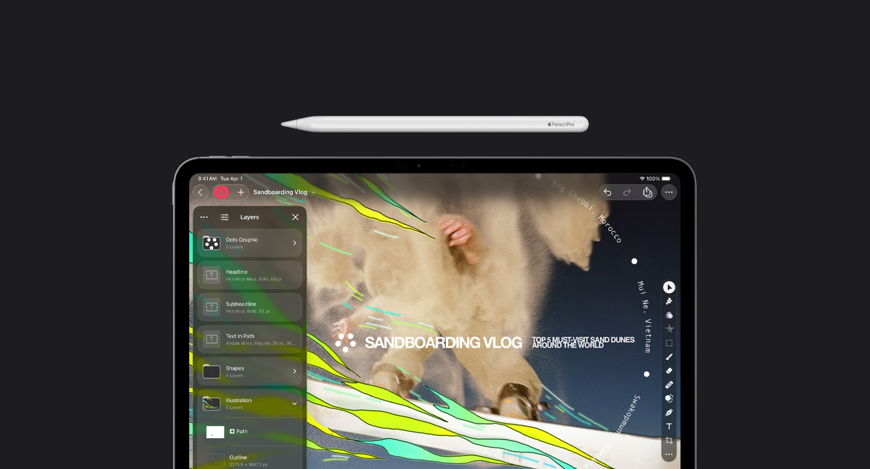 Apple Pencil on top of iPad Pro 13, screen shows Pixelmator Pro layers toolkit, graphic design toolkit, sandboarding vlog file