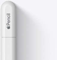 Pohled na vršek Apple Pencilu USB‑C se zaobleným koncem, logem Apple a nápisem Pencil. Je vidět linka, kde se sundává víčko, aby se mohl připojit kabel USB‑C.