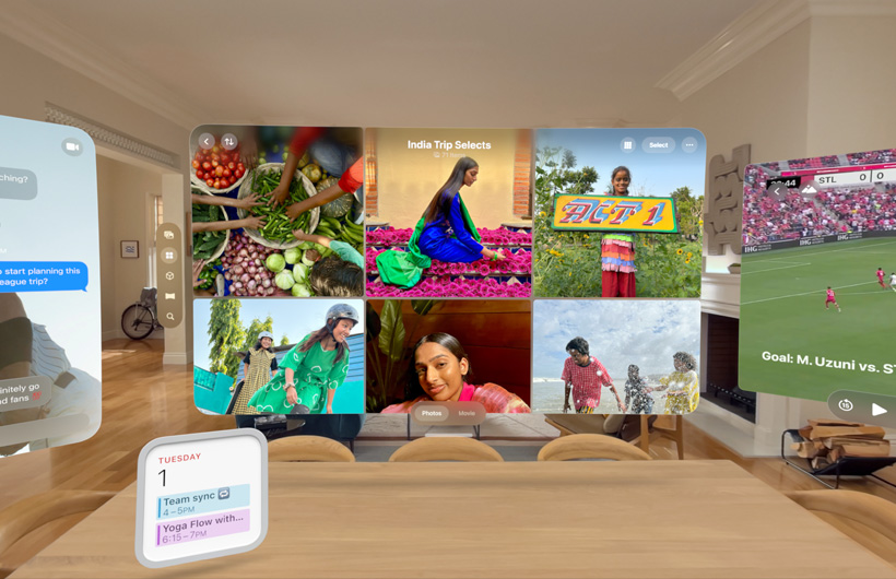 Multiple apps and widgets floating in lounge room space including Photos app, Messages app, Calendar widget and Apple TV app