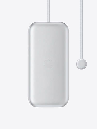 Apple Vision Pro battery, exterior, centered Apple logo, built-in power cable with round connector at one end, LED indicator on connector