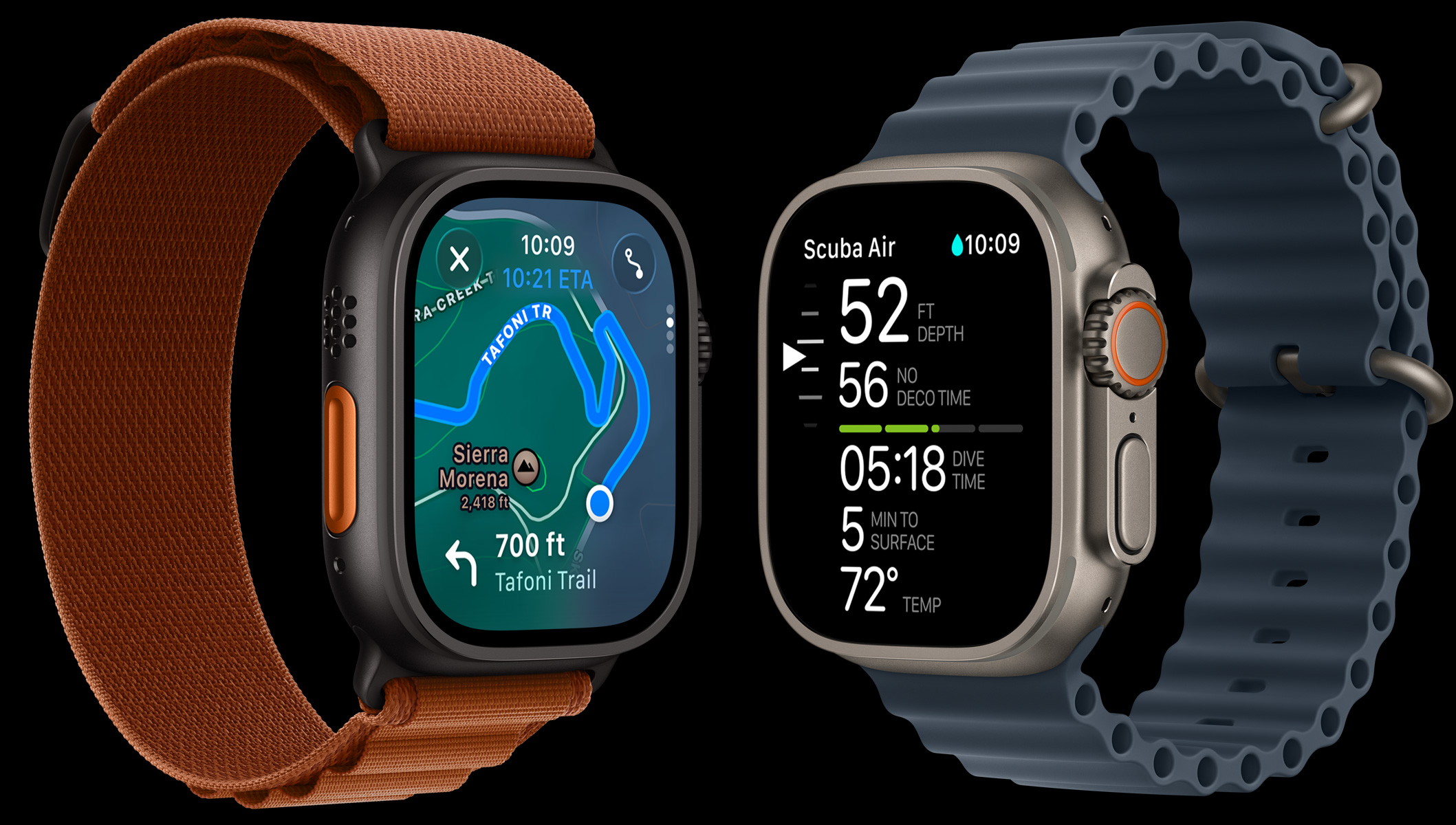 Dispositivos Apple Watch Ultra 3 com caixas em titânio preto e natural, mapa de trilho e métricas de mergulho, Loop Alpine terracota e Bracelete Ocean azul-âncora