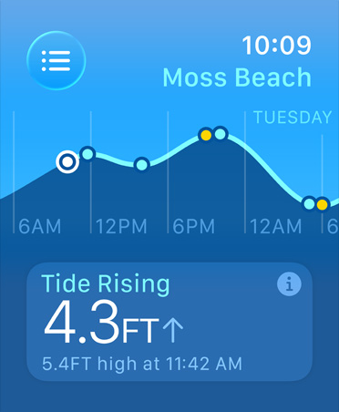 Métricas da app Marés: praia-mar e baixa-mar, quando sobe e desce a maré, gráfico de linhas com estimativa de horas e alturas das marés