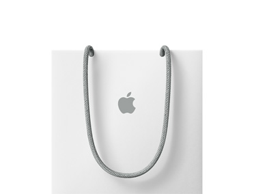Weisse Apple Tasche, grauer Kordelgriff, graues Apple Logo mittig