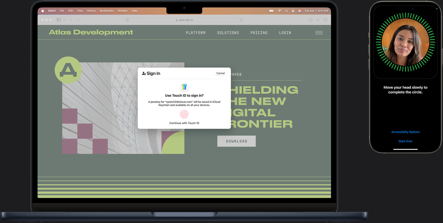Een Mac en een iPhone met verschillende elementen van Touch ID om veilig in te loggen.